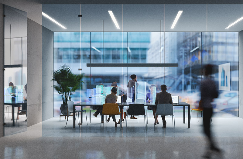 Blurred office meeting with graphic technology overlay Blurred office meeting with graphic technology overlay