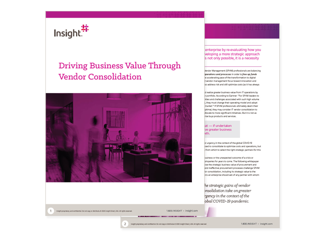 Driving Business Value Through Vendor Consolidation Image de la couverture de Driving Business Value Through Vendor Consolidation, le livre blanc d’Insight qu’on peut télécharger en suivant le lien ci-dessous.