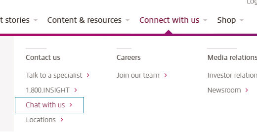 Chat now link found in the menu of Connect with us