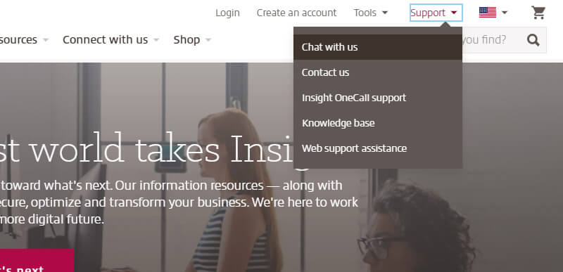 Chat now link found in the support dropdown