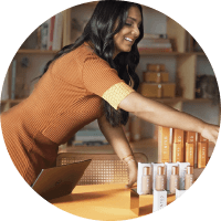 Woman smiling checking the products