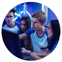 Group of student gamers discussing esports strategy