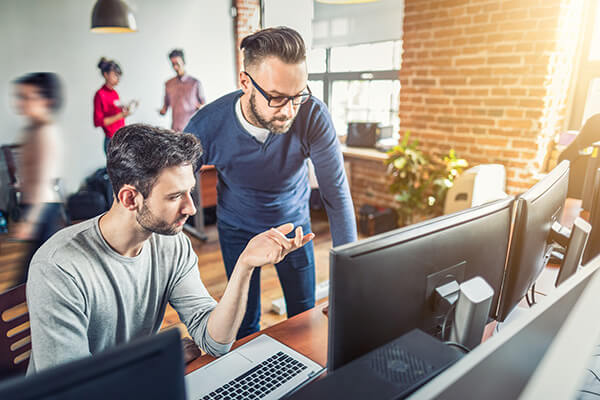 Web developers discussing current project development and launch