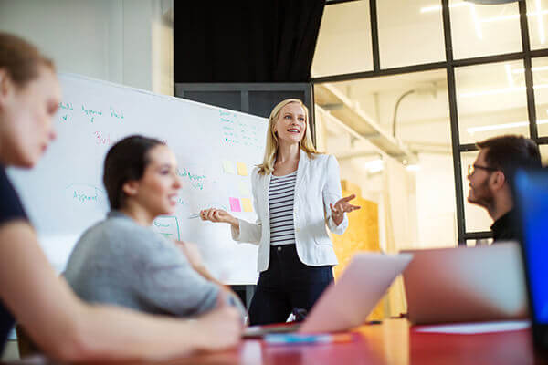 Team having a collaborative discussion in modern office