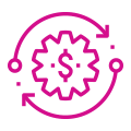 Illustrated icon showing a gear with a cash symbol inside.