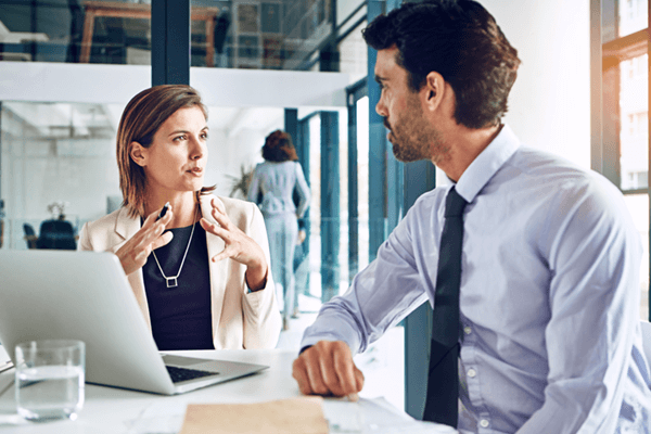 Business professionals negotiate and discuss investments