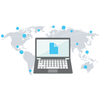 Merge and replace icon showing a laptop with a global map behind it.