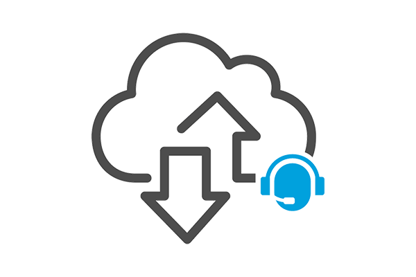 Illustration of a cloud with arrows pointing upwards and downwards and a client support rep below