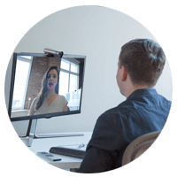 Support technician on desktop computer conference