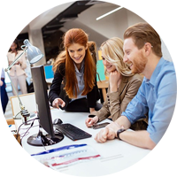 Team of employees working in front of desktop