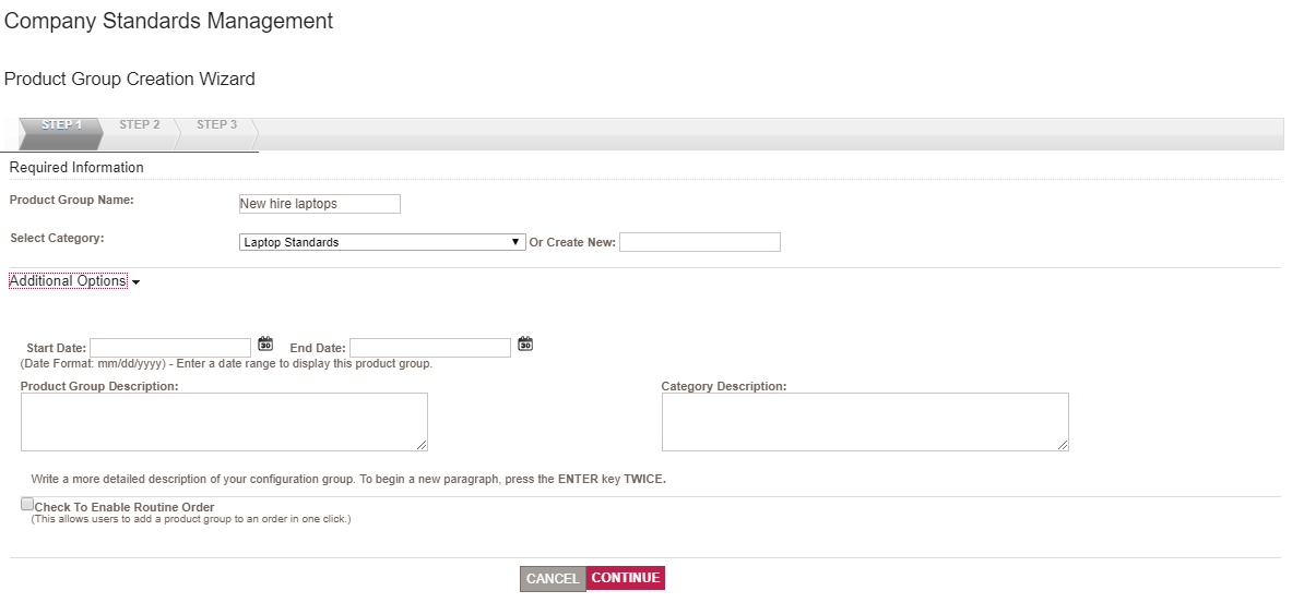 Step 1 of the product group creation wizard found in company standards manager of myInsight