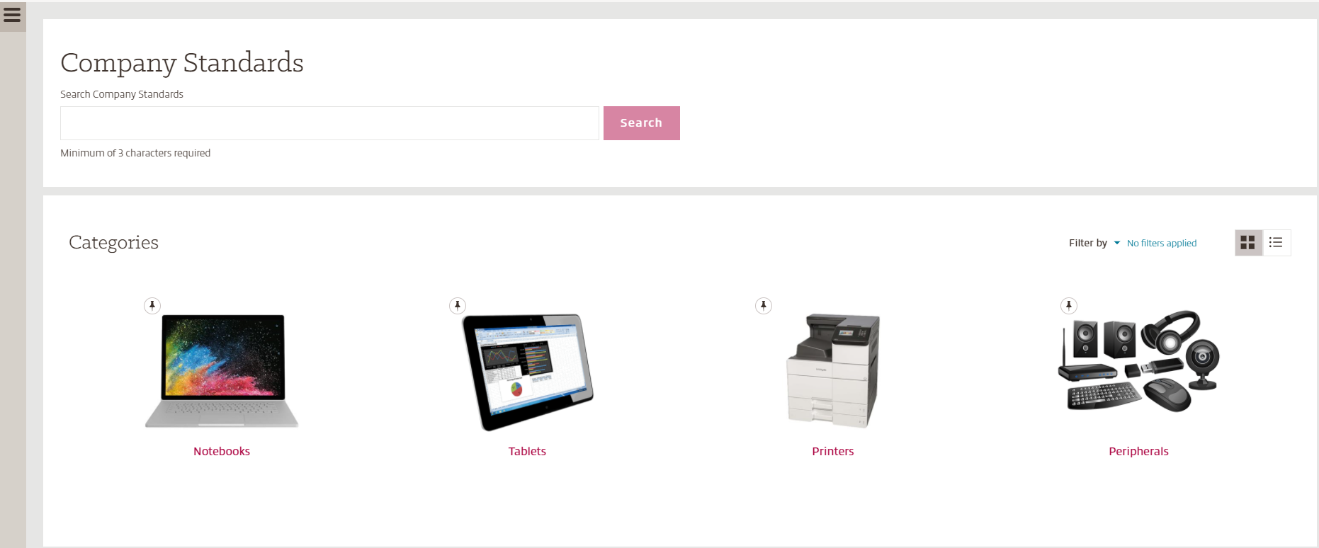 Tile view of company standards in myInsight