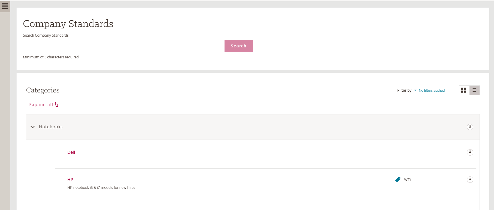 Expanded list view of company standards in myInsight