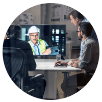 Group of architects talks with engineer on video conference