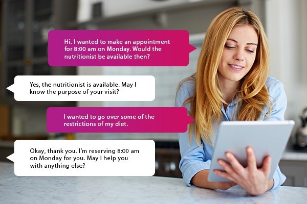 Provide guidance to deliver information to users Woman communicates with retail representative using mobile chat agent