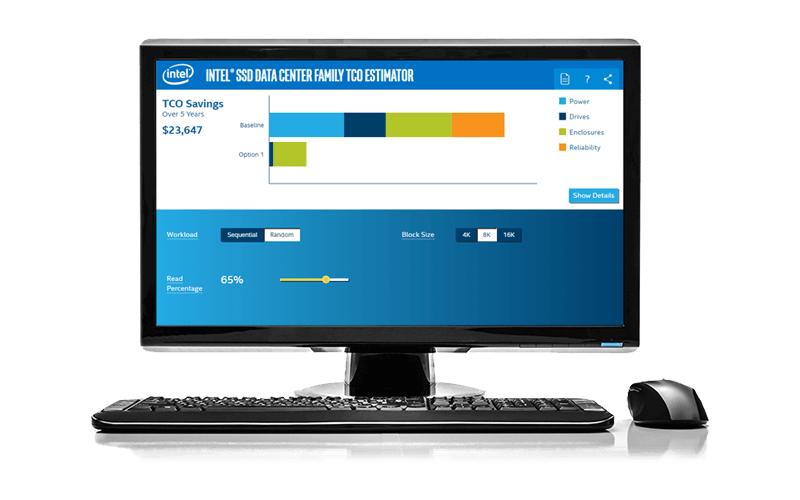 See your Total Cost of Ownership (TCO) Intel SSD Data Center Family TCO Estimator dashboard displayed on desktop computer monitor