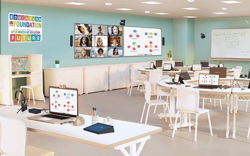 Logitech Rally meeting with laptops, huge monitor for teleconferencing