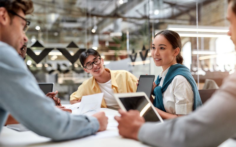 Business team using multiple of new technology mobile devices for team