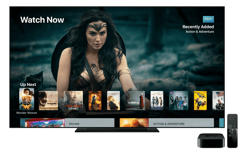 Apple TV 4k allows you to watch your favorite content Television displaying Apple TV software and Apple TV product on side of television