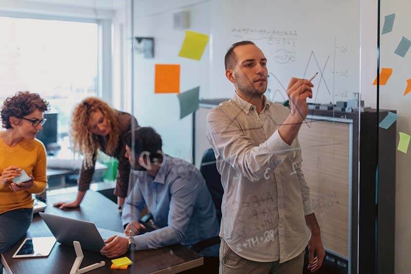 We'll help you envision a new digital experiences and provide a roadmap ahead UX team brainstorms new digital experience for client