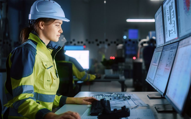 Real-time information that can inform business-critical decisions Engineer checking factory control panel