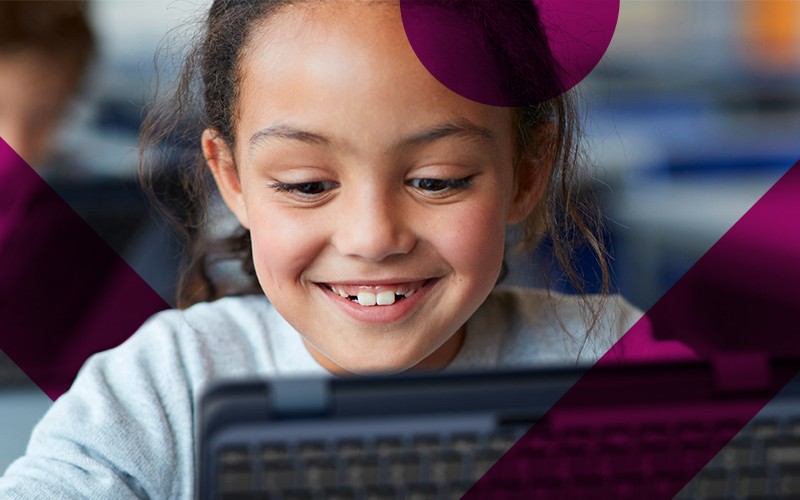 young student on device