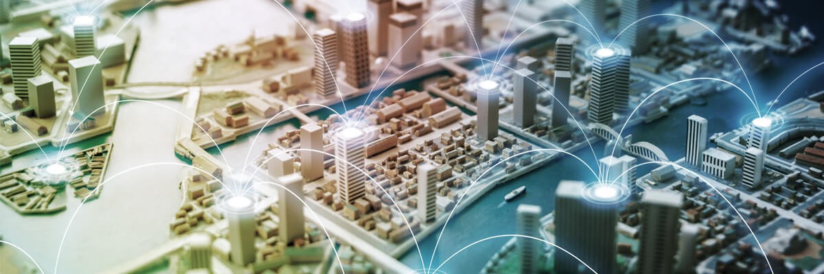 Rendering of smart city and communication broadband, public safety and sustainability concept.