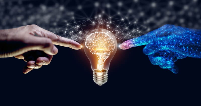 Robot and human hands touching on big data network, Artificial intelligence (AI) Machine Learning