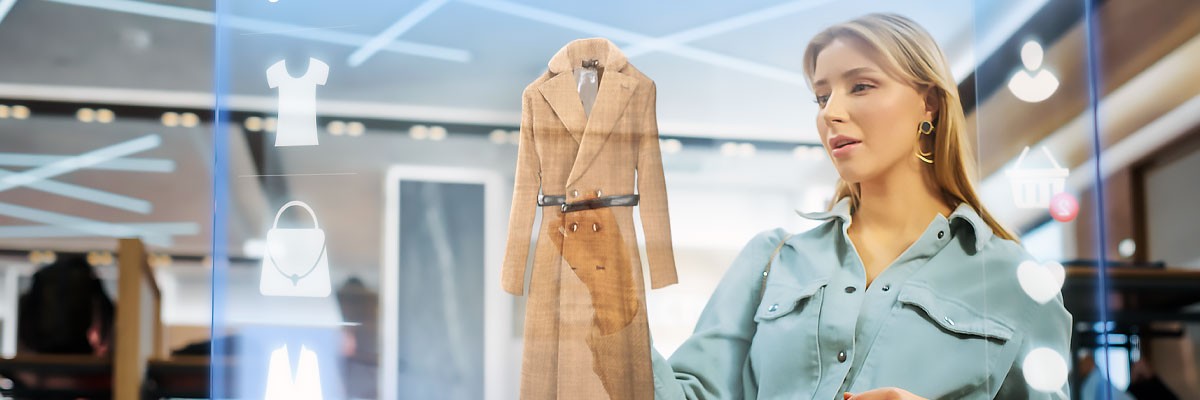 Woman in store looking at AI concept of a shopping screen