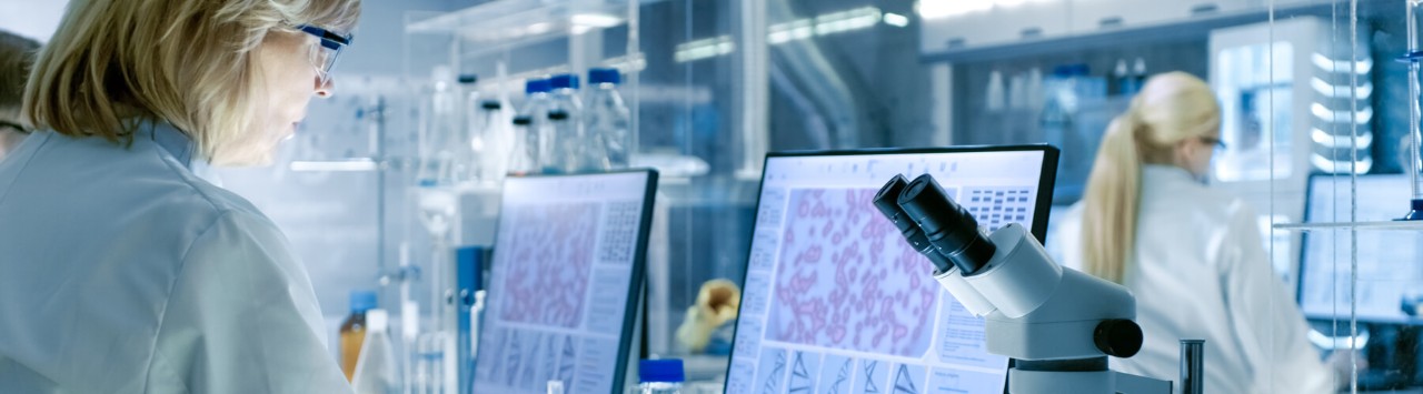 Health technician looking at patients cells magnified on desktop monitor