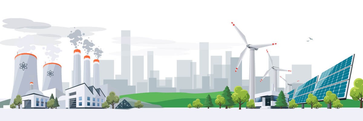 illustration of city with windmills and solar panels