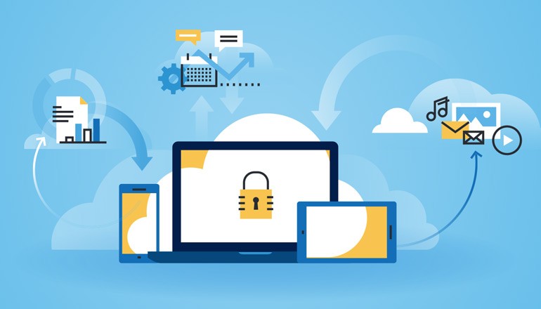 Illustration of data transmitting from the cloud to multiple mobile computers