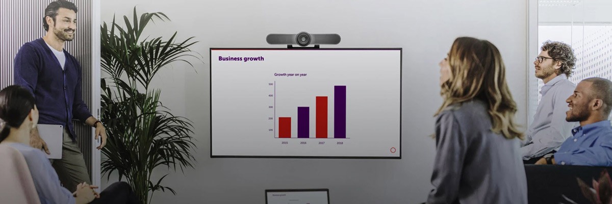 Conference room with Logitech and Barco products