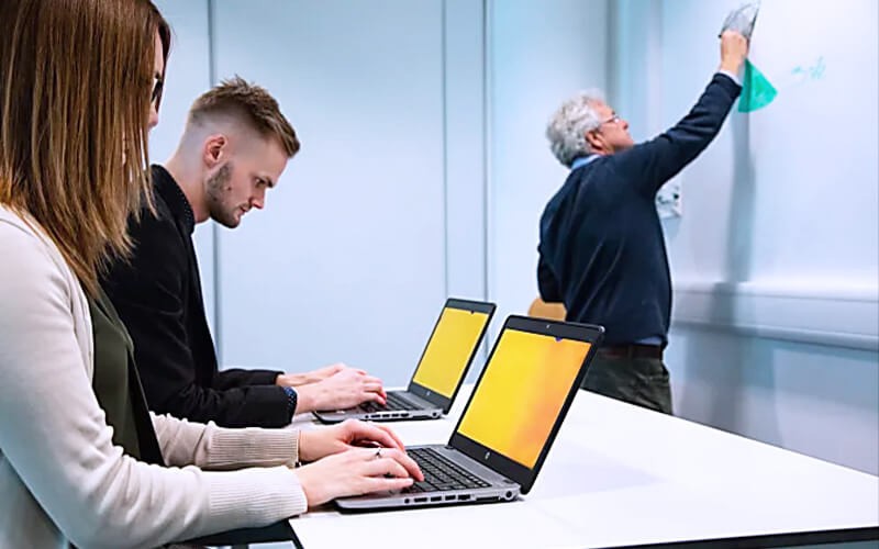 3M Gold Privacy Filters Teammates working together using a laptop with gold filters
