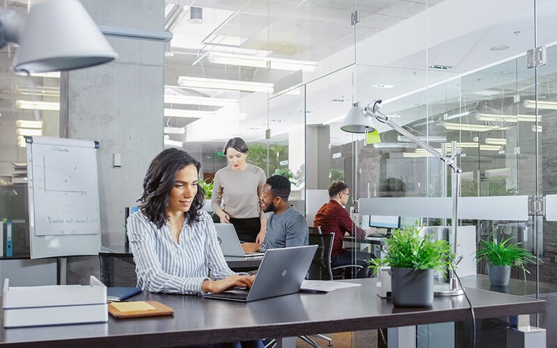 Access materials to learn more about the EA Workspace Businesswoman working on her laptop in a modern office