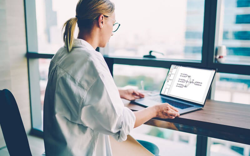 IBM SPSS Amos modeling software Woman using laptop displaying IBM SPSS Amos modeling software