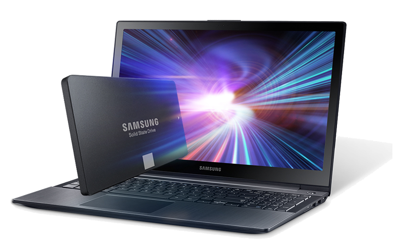 amsung solid state drives are ideal for high-end PCs Samsung solid state drive in front of Samsung laptop