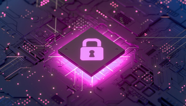 graphic of a padlock in a rhombus with CPU imagery