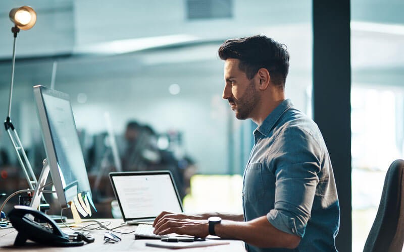 Business professional reviewing data on notebook computer
