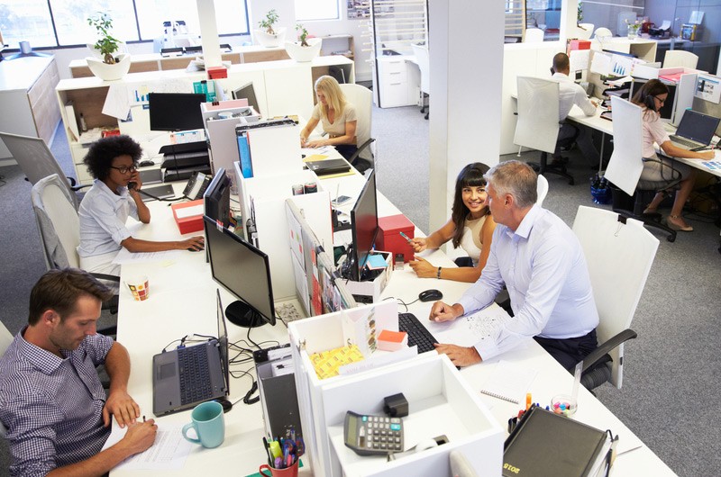 Software for every architecture. Birds eye view of busy office with workers working on their computers.