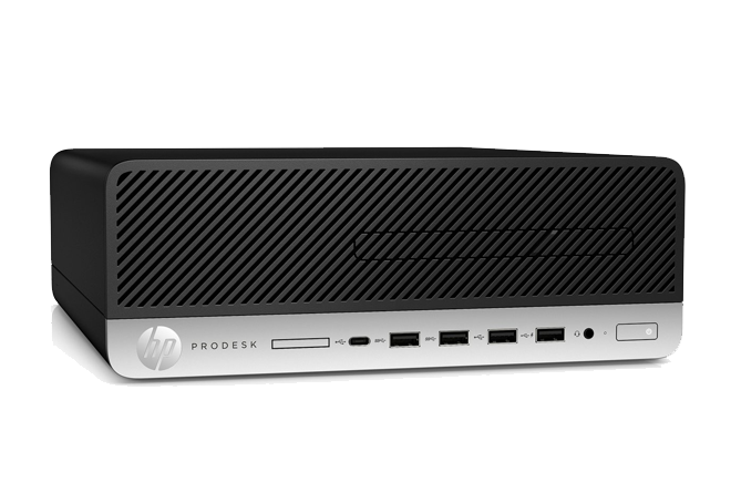 Conquer your everyday business applications Receptionist leaning over front desk using the HP ProDesk 400 SFF G1 on IWC stand