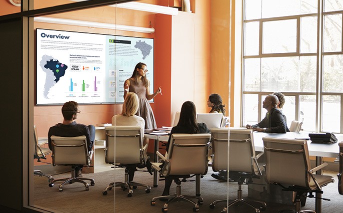 Large format display An executive discussing a overview of a project
