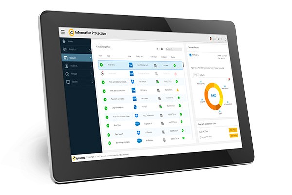 Keep track of your sensitive data in motion, at rest, or in use Dashboard view of Symantec information protection services