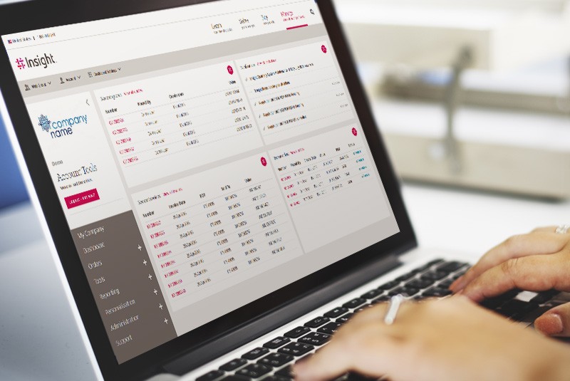 Control everything from procurement to reporting, software management and cloud licensing Insight's self-service e-commerce portal dashboard displayed on notebook computer
