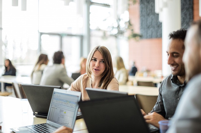 Optimize your coverage Smiling business teammates work at desks with computers
